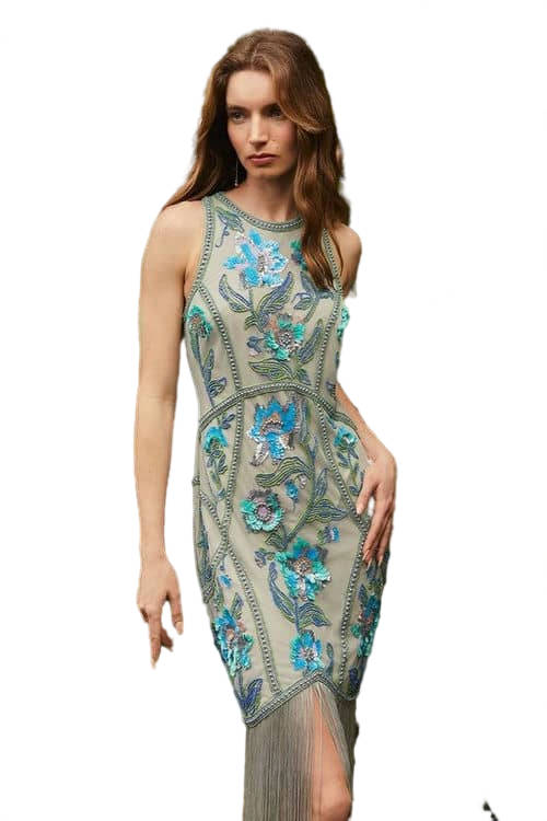 Jacques Vert Aqua Alexandra Farmer Hand Embellished Midi Dress With Ombre Frin BCC05158