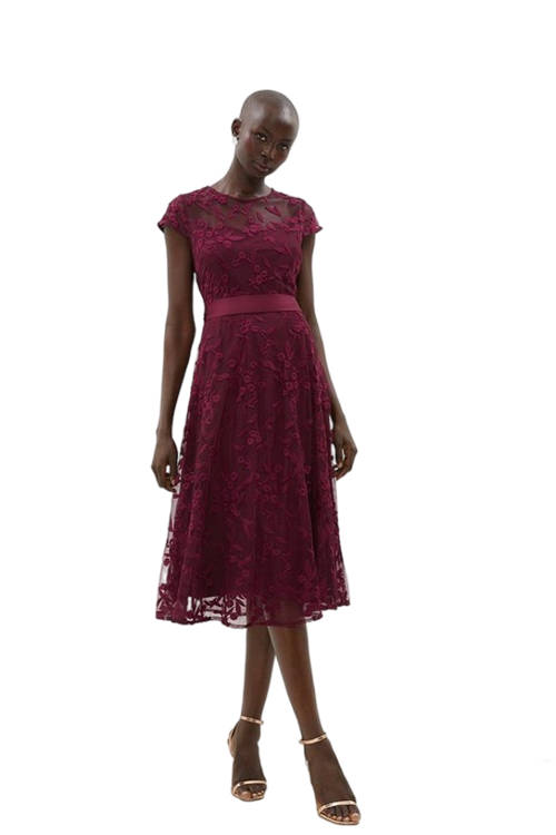 Jacques Vert Aubergine All Over Embroidered Cap Sleeve Midi Dress BCC01000