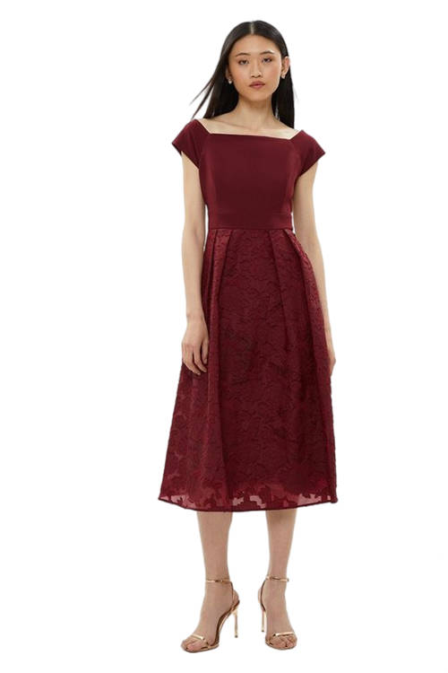 Jacques Vert Aubergine Bardot Clipped Jacquard Midi Dress ACC99205