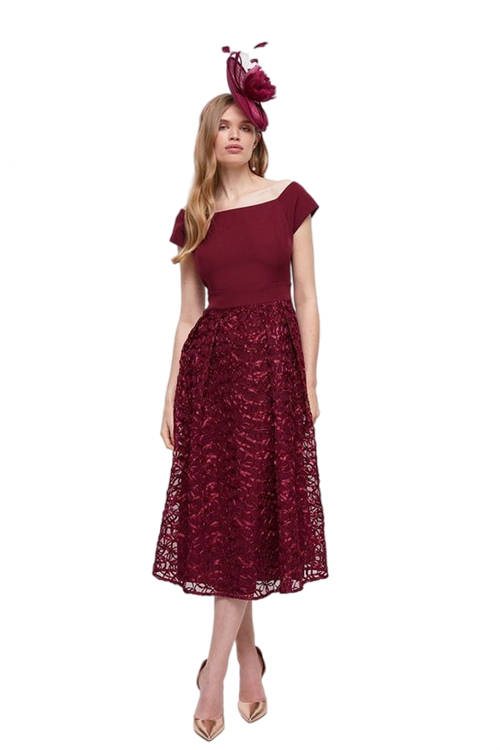 Jacques Vert Aubergine Bardot Ribbon Embroidered Midi Dress ACC95501