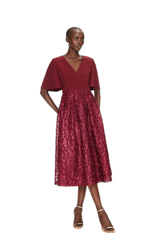 Jacques Vert Aubergine Flare Sleeve V Neck Embroidered Skirt Midi Dr BCC03268