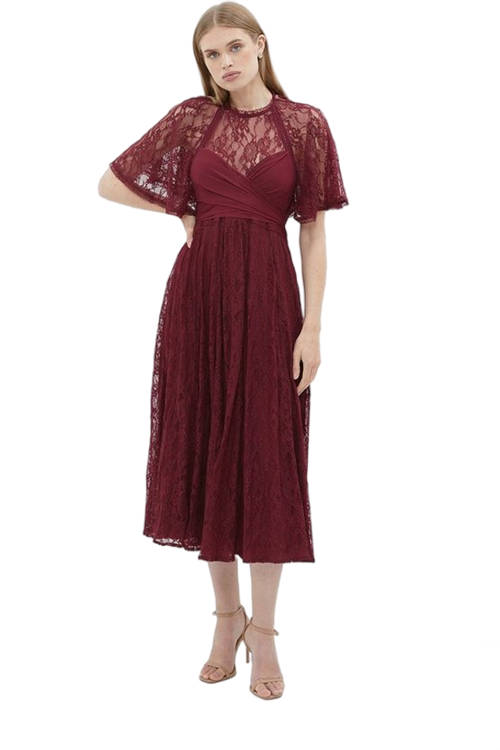 Jacques Vert Aubergine Lace Skirt Crinkle Chiffon Midi Dress BCC02604