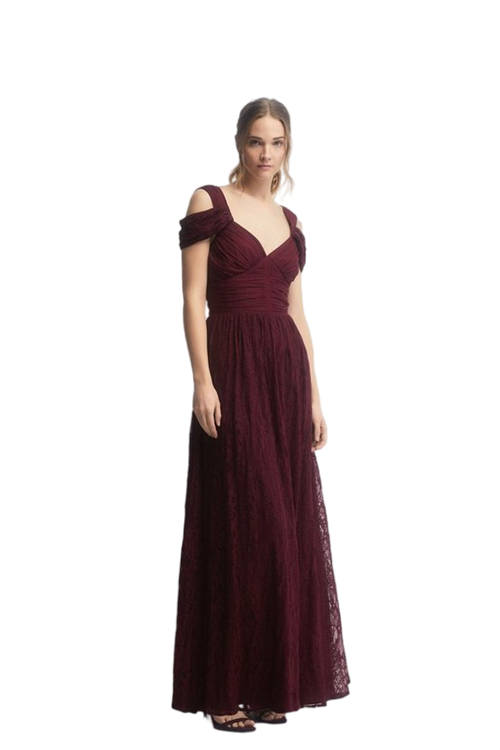 Jacques Vert Aubergine Lace Skirt Off Shoulder Chiffon Maxi Dress BCC02602