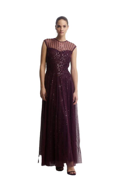 Jacques Vert Aubergine Linear Sequin Embellished Mesh Maxi Dress BCC02673