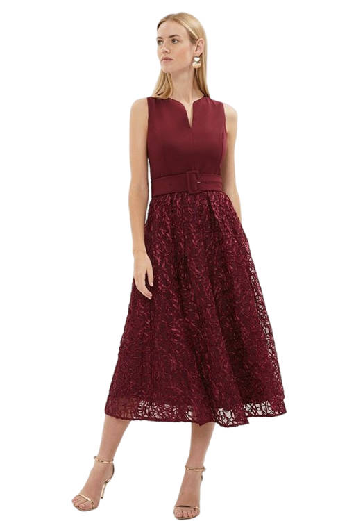 Jacques Vert Aubergine Notch Neck Belted Embroidered Midi Dress BCC03244