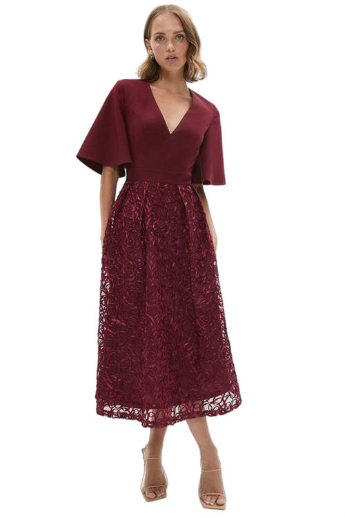 Jacques Vert Aubergine Petite Flare Sleeve Embroidered Skirt Midi Dr BCC03266