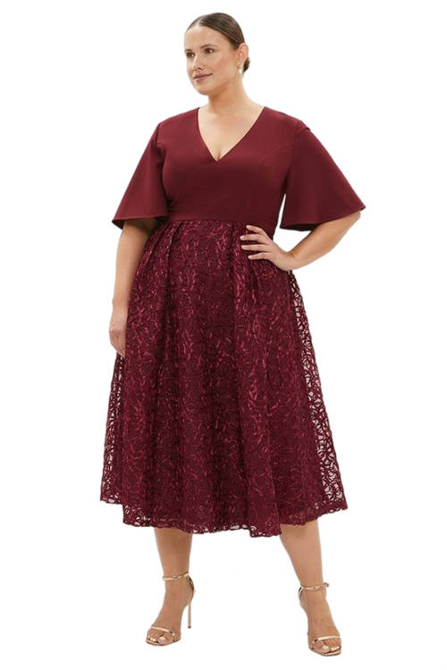 Jacques Vert Aubergine Plus Size Flare Sleeve Embroidered Midi Dress BCC03267