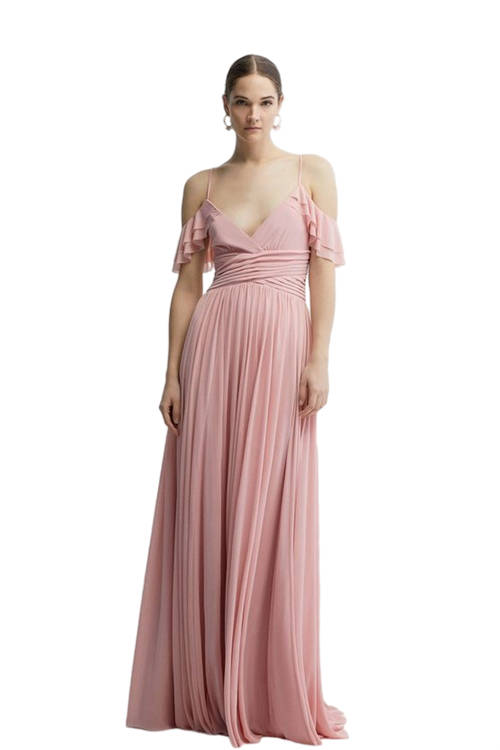 Jacques Vert Ballerina Pink Cold Shoulder Stretch Mesh Full Skirted Bridesmaids Maxi Dress BCC04531