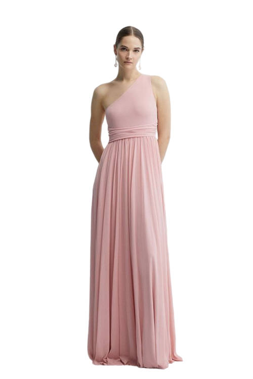 Jacques Vert Ballerina Pink One Shoulder Stretch Mesh Full Skirted Bridesmaids Maxi Dress BCC04506