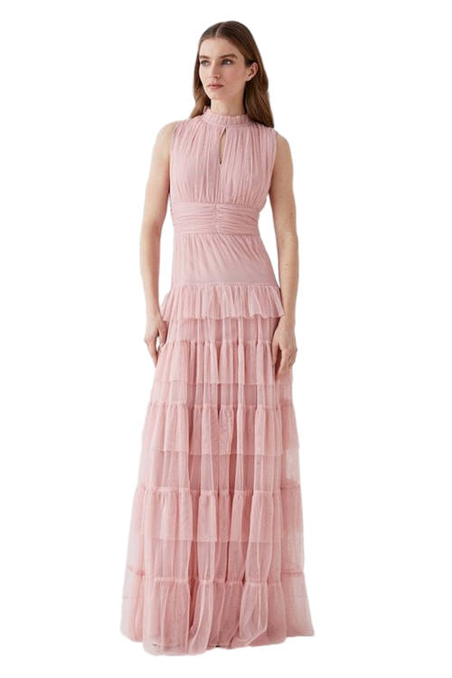 Jacques Vert Ballerina Pink Tulle Tiered Frill Sleeve Bridesmaids Maxi Dress BCC04787