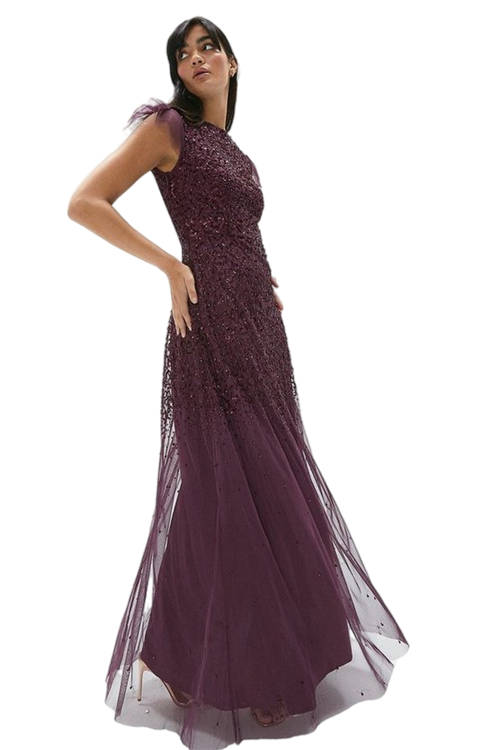 Jacques Vert Berry Angel Sleeve Sequin Maxi Dress ACC95329