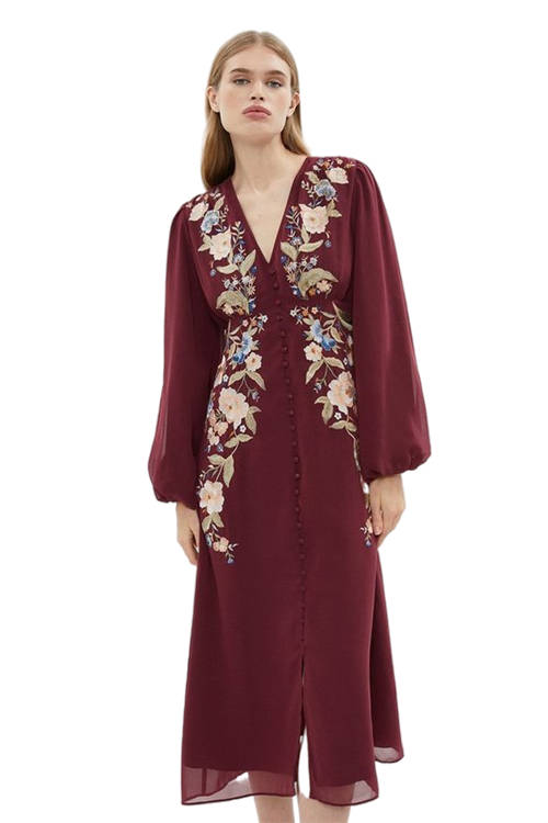 Jacques Vert Berry Mirrored Orchid Button Through Midi Dress BCC03794