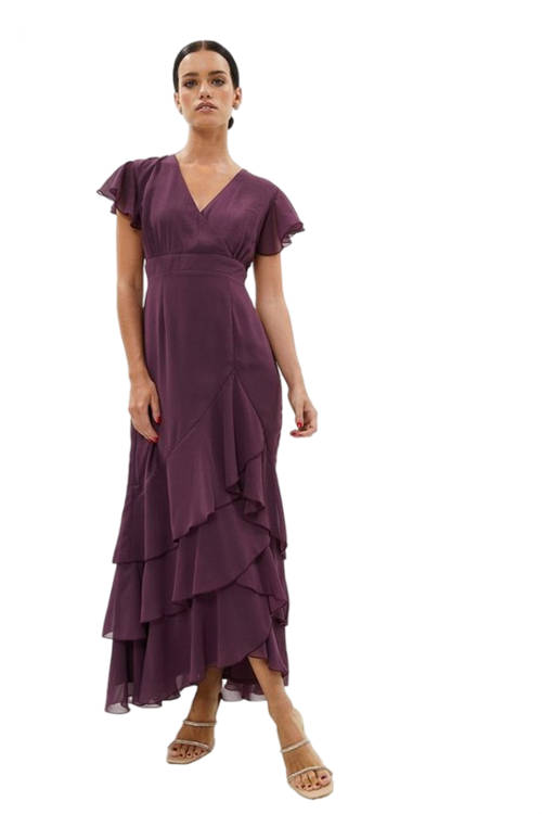 Jacques Vert Berry Petite Tiered Hem Ruffle Maxi Dress BCC00286