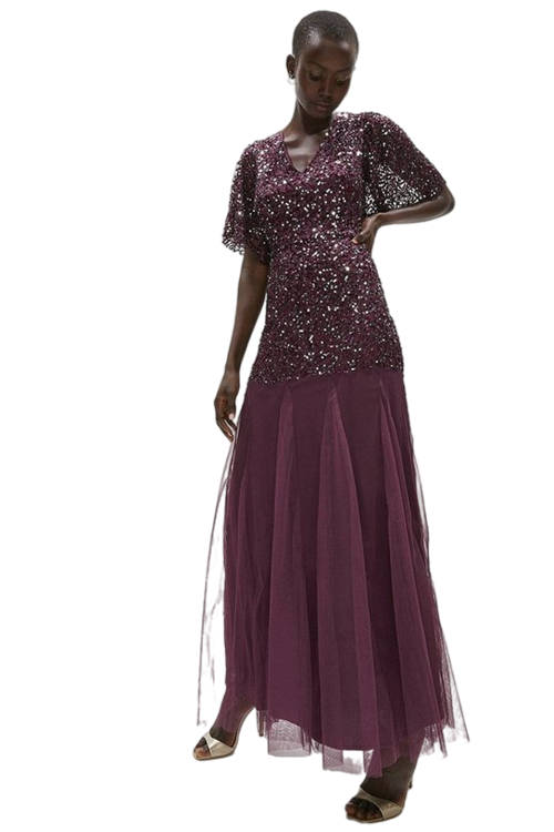 Jacques Vert Berry Sequin Angel Sleeve Maxi Dress ACC95328