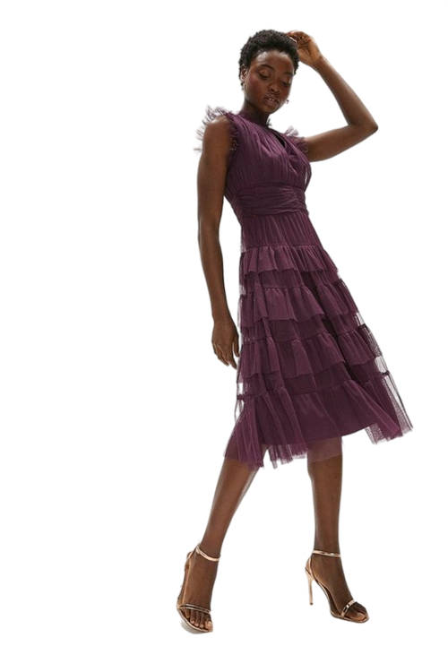 Jacques Vert Berry Tulle Tiered Frill Sleeve Dress ACC95332