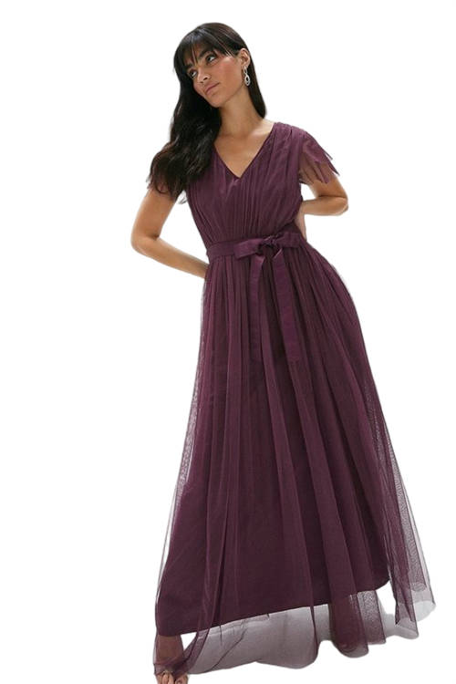 Jacques Vert Berry Tulle V-Neck Tie Belt Bridesmaid Maxi Dress ACC95330