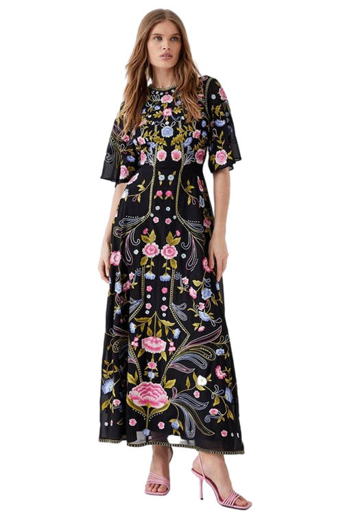 Jacques Vert Black Angel Sleeve Embroidered Maxi Dress BCC04932