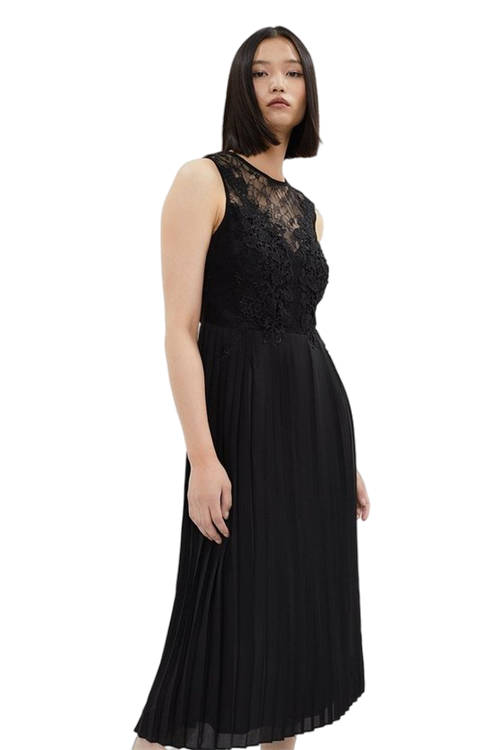 Jacques Vert Black Applique Eyelash Lace Pleat Dress BCC03144