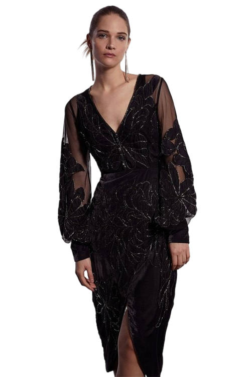 Jacques Vert Black Beaded Applique Velvet Midi Dress​ BCC03547