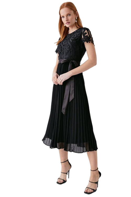 Jacques Vert Black Belted Lace Bodice Pleat Skirt Midi Dress ACC03455