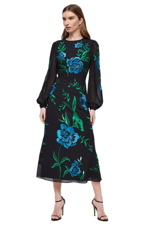 Jacques Vert Black Blooming Marigold Embroidered Midi Dress BCC04665