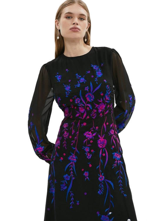 Jacques Vert Black Blossom Two Tone Embroidered Midi Dress BCC03960