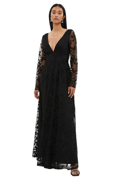 Jacques Vert Black Deep V Embroidered Long Sleeve Maxi Dress BCC03261