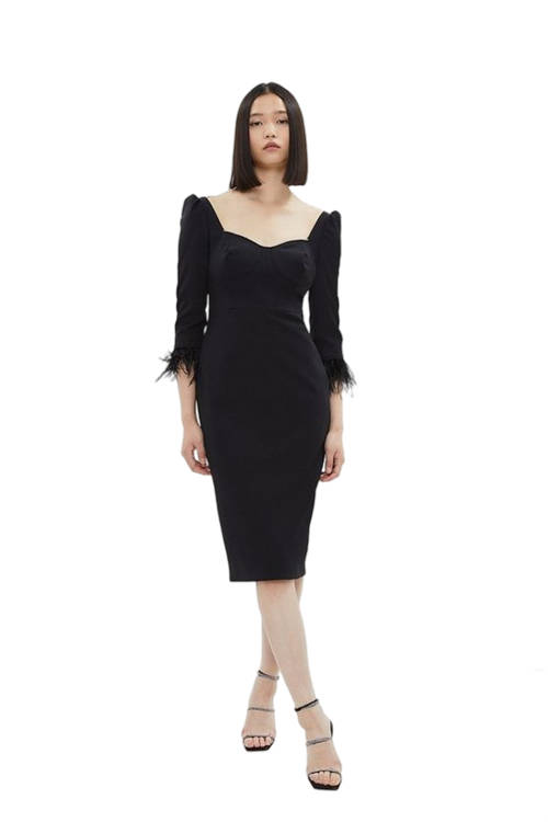 Jacques Vert Black Diamante Trim Feather Cuff Midi Dress BCC02910