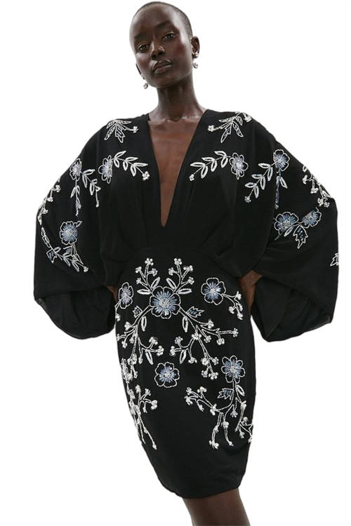 Jacques Vert Black_Ecru All Over Beaded V Neck Kimono Mini Dress BCC01477