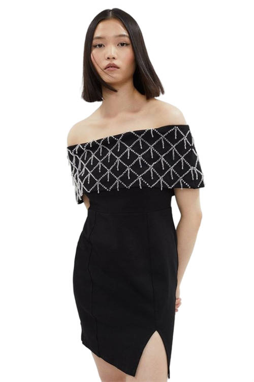 Jacques Vert Black Embelished Bardot Sculpting Jersey Mini Dress BCC03377