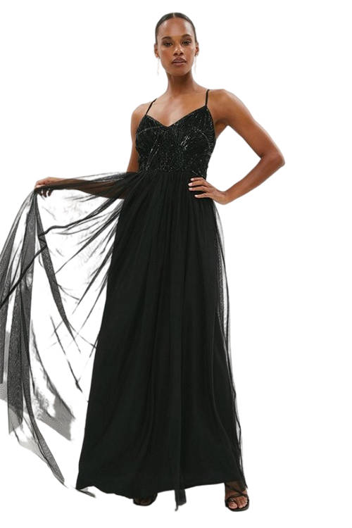 Jacques Vert Black Embellished Bodice Cami Tulle Maxi Dress BCC02746