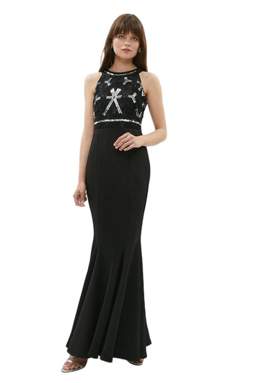 Jacques Vert Black Embellished Top Fishtail Maxi Dress BCC01835