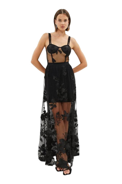 Jacques Vert Black Embroidered Mesh Corset Top Maxi Dress BCC02237