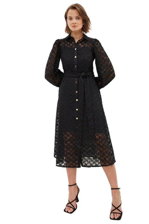 Jacques Vert Black Embroidered Organza Long Sleeve Shirt Dress BCC03417