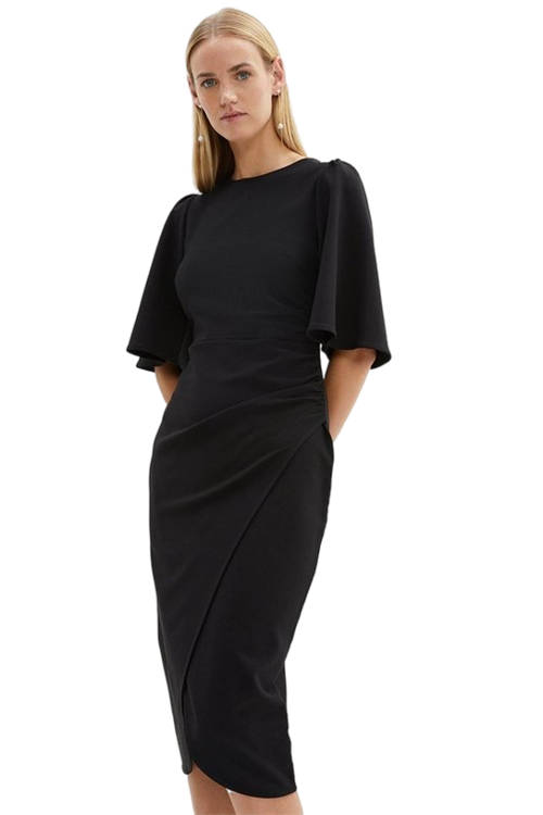 Jacques Vert Black Flare Sleeve Crepe Wrap Pencil Dress BCC04051