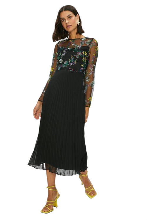 Jacques Vert Black Floral Mesh Pleated Skirt Dress ACC02178