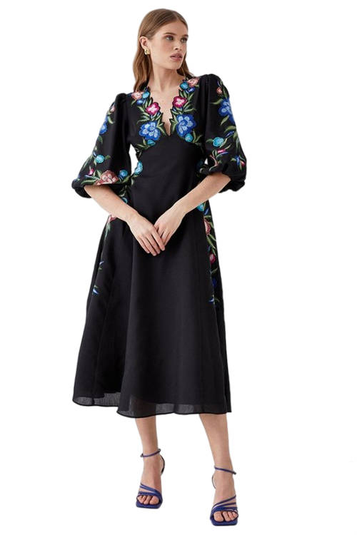 Jacques Vert Black Floral Neckline Embroidered Puff Sleeve Midi Dress BCC05136