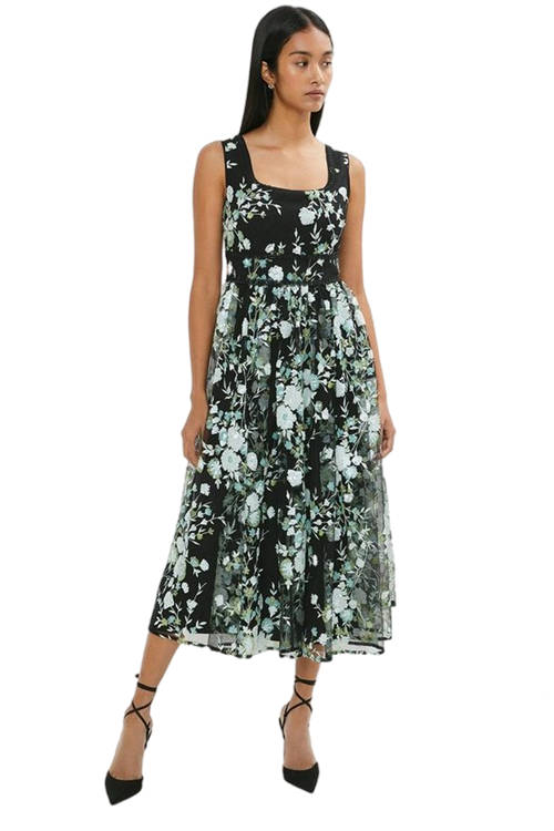 Jacques Vert Black Floral Sequin Full Skirt Midi Dress BCC03563