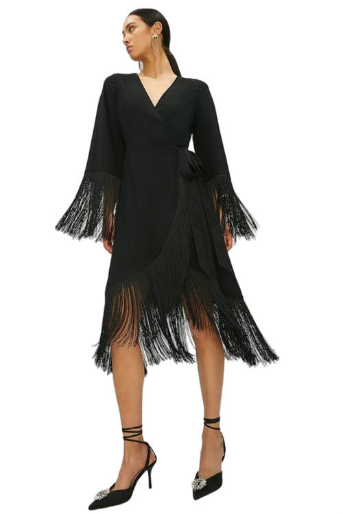 Jacques Vert Black Fringe Wrap Midi Dress​ BCC00089