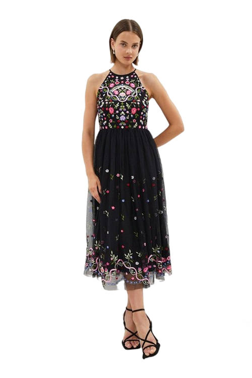 Jacques Vert Black Halter Neck Embroidered Midi Dress BCC00339