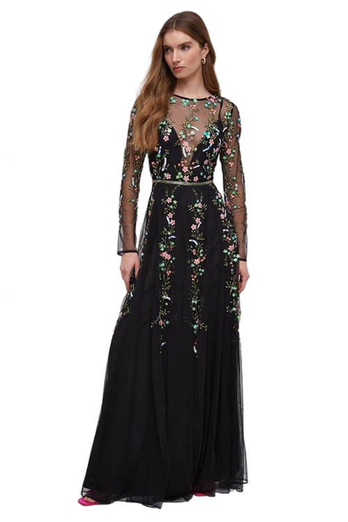 Jacques Vert Black Hand Embellished Sequin Floral Panelled Maxi Dress BCC04560