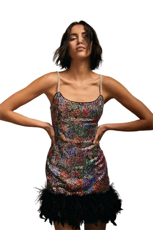 Jacques Vert Black Julie Kuyath Feather Hem Printed Sequin Mini Dress BCC04234