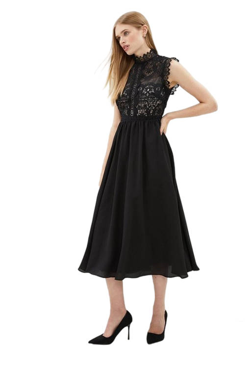 Jacques Vert Black Lace Bodice Double Georgette Skirt Midi Dress BCC01762