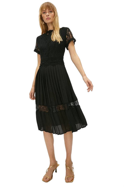 Jacques Vert Black Lace Bodice Pleat Skirt Midi Dress ACC98810