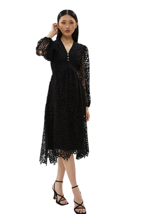 Jacques Vert Black Lace Button Detail Midi Dress ACC02634