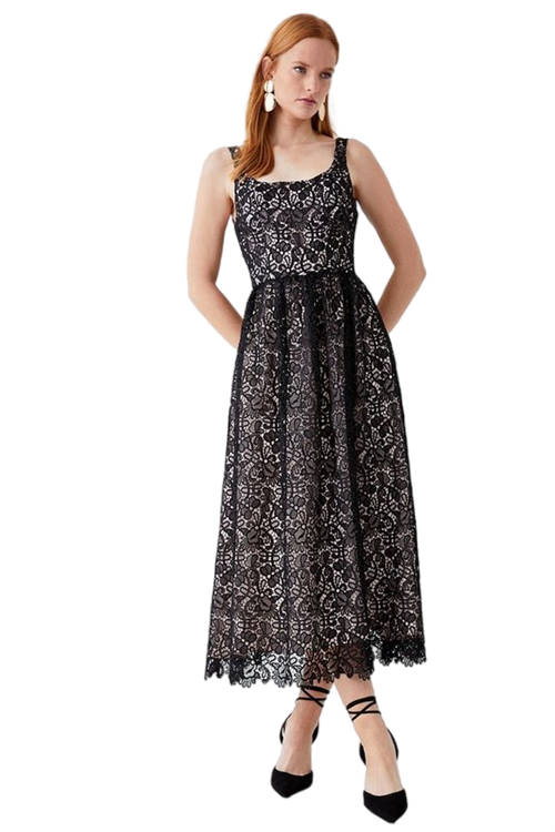 Jacques Vert Black Lace Panelled Bodice Full Skirt Midi Dress BCC03190