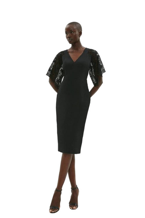 Jacques Vert Black Lace Sleeve V Neck Pencil Dress BCC02692