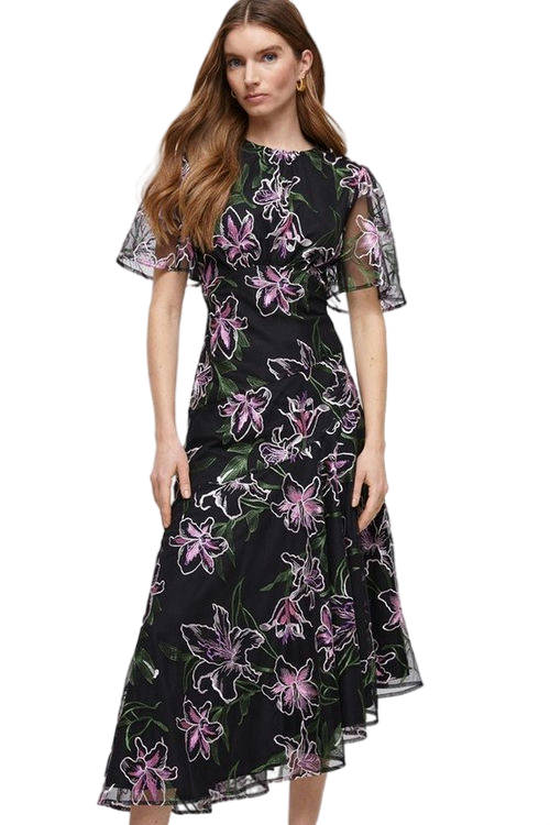 Jacques Vert Black Lily Embroidered Mesh Cut Out Back Midi Dress BCC04527