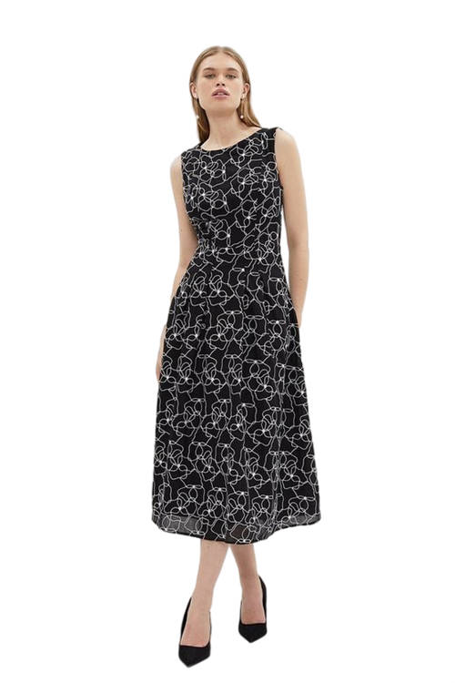 Jacques Vert Black Metallic Floral Embroidered Full Skirt Midi Dress BCC03177