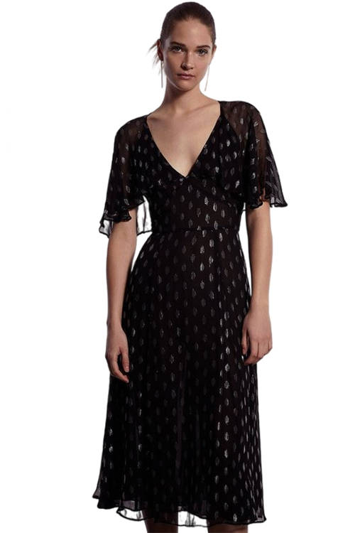 Jacques Vert Black Metallic Spot Cape Sleeve Midi Dress BCC03722